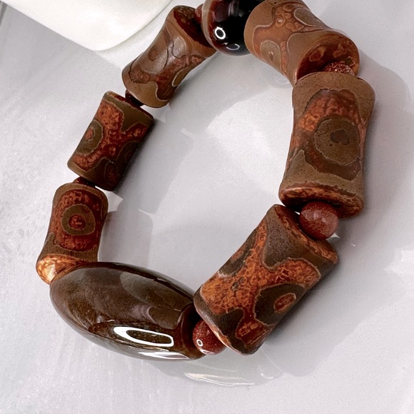 OCEAN JASPER + 3 EYE TIBETAN AGATE NATURAL STONES BRACELET size 7” - Picture 6 of 14
